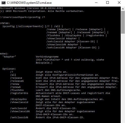 Screenshot der Windows-Kommandozeile nach der Eingabe von ipconfig /?. Gezeigt werden alle Varianten des ipconfig-Befehls.