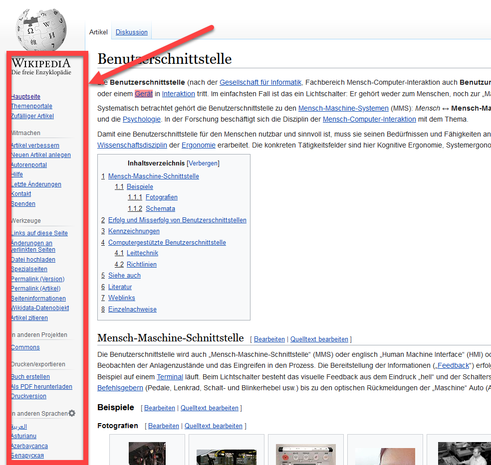 Screenshot des Wikipedia-Artikels Benutzerschnittstelle mit Heraushebung der linken Seitenleiste.